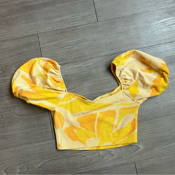 Zara Abstract Print Yellow & Orange Jacquard Puff Sleeve Crop Top Size S - Picture 6 of 6